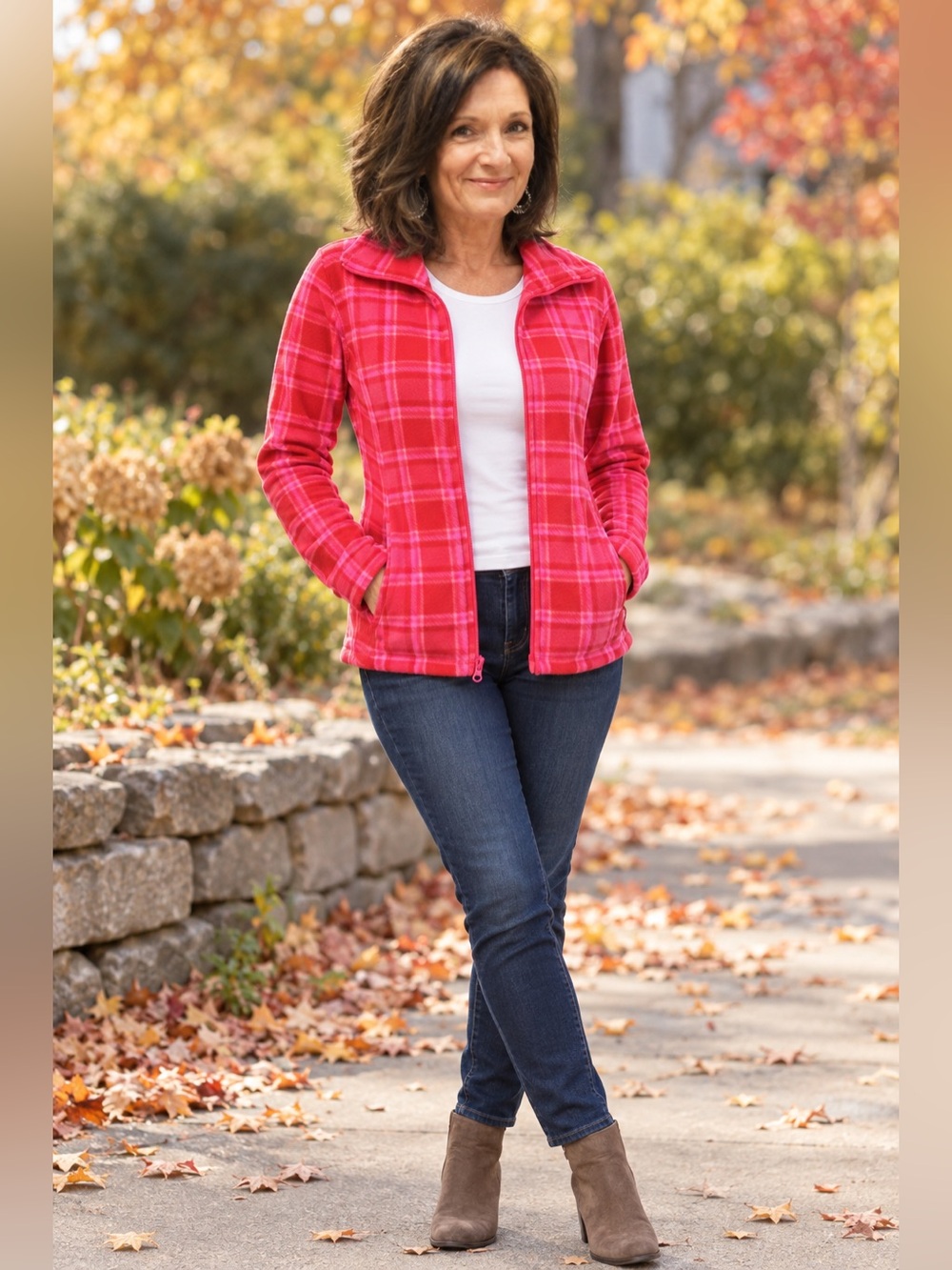 Old Navy Pink Red Plaid Fleece Full Zip Jacket Women’s Medium